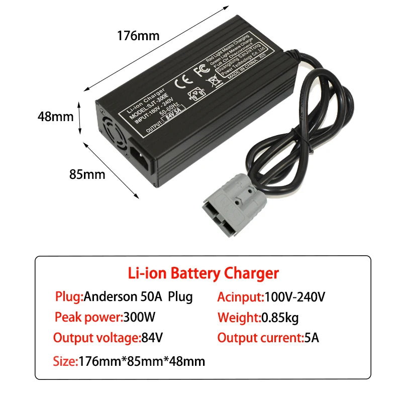 84V 5A Li-Ion Battery Charger | 7 Connector Options | 20S Packs