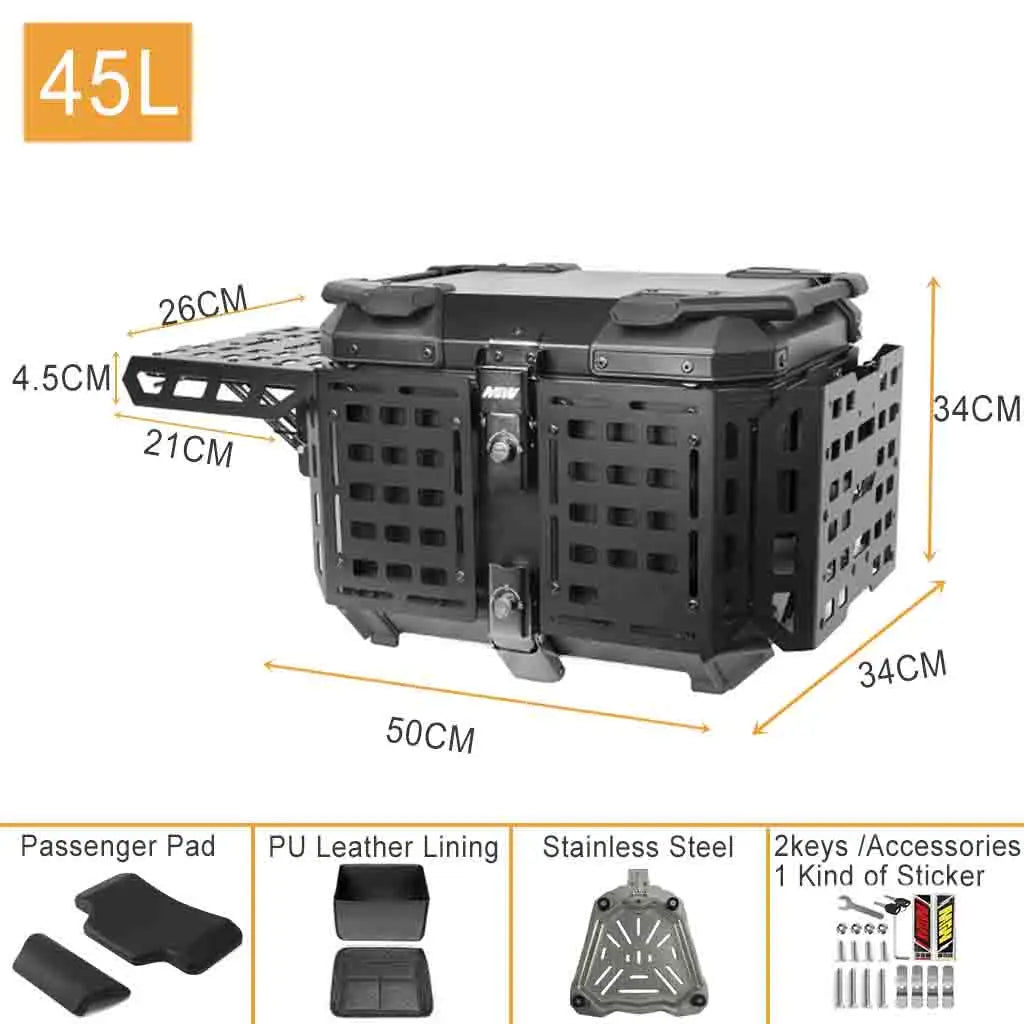 Aluminum Top Box 45L | Waterproof Trunk | Universal Moto Fit